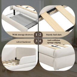 Btm Upholstered Bed, 3Ft Single Bed 90X190Cm With A Drawer At The Footboard, With Side Rails On The Bed, Velvet Plywood, Beige - thumbnail 6
