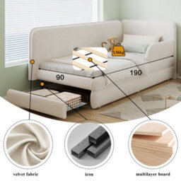 Btm Upholstered Bed, 3Ft Single Bed 90X190Cm With A Drawer At The Footboard, With Side Rails On The Bed, Velvet Plywood, Beige - thumbnail 7