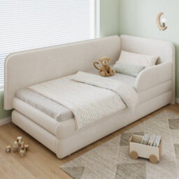 Btm Upholstered Bed, 3Ft Single Bed 90X190Cm With A Drawer At The Footboard, With Side Rails On The Bed, Velvet Plywood, Beige - thumbnail 4