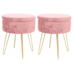Harbour Housewares 2X Velvet Storage Footstools - Round Modern Dressing Table Footstool Vanity Seat Chair - 45 X 36Cm Pink/gold
