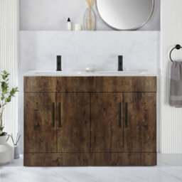 Homestylestore 1210mm Dark Oak Floorstanding Bathroom Vanity Unit Double Basin And Black T Bar Handle - thumbnail 2