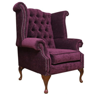 Chesterfield High Back Wing Chair Velluto Aubergine Velvet Fabric In Queen Anne Style - image 1
