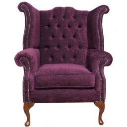 Chesterfield High Back Wing Chair Velluto Aubergine Velvet Fabric In Queen Anne Style - thumbnail 2