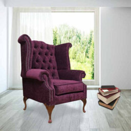 Chesterfield High Back Wing Chair Velluto Aubergine Velvet Fabric In Queen Anne Style - thumbnail 3