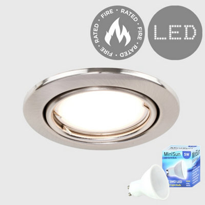 Valuelights Fire Rated Brushed Chrome Tiltable Gu10 Recessed Ceiling Downlight - Includes 5W Led Bulb 6500K Cool White - image 1