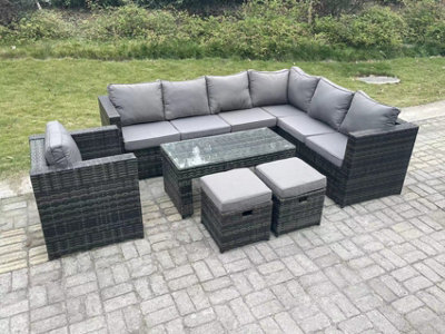 Fimous 9 Seater Rattan Corner Sofa Lounge Sofa Set With Rectangular Coffee Table 2 Stool Dark Grey Mixed Right Hand - image 1