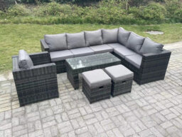 Fimous 9 Seater Rattan Corner Sofa Lounge Sofa Set With Rectangular Coffee Table 2 Stool Dark Grey Mixed Right Hand - thumbnail 1
