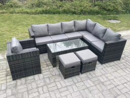 Fimous 9 Seater Rattan Corner Sofa Lounge Sofa Set With Rectangular Coffee Table 2 Stool Dark Grey Mixed Right Hand - thumbnail 2