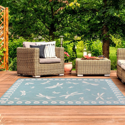 Teal Outdoor Rug, Animal Bordered Stain-Resistant Rug For Patio Garden Balcony, Modern Outdoor Area Rug-120Cm (Circle)