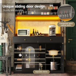 Abrihome Kitchen Cabinet (120X40X180Cm), Tall Black Display Cabinet With Adjustable Shelves, Led Lighting & 2 Drawers - thumbnail 4