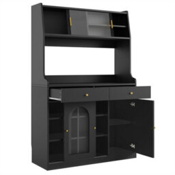 Abrihome Kitchen Cabinet (120X40X180Cm), Tall Black Display Cabinet With Adjustable Shelves, Led Lighting & 2 Drawers - thumbnail 8