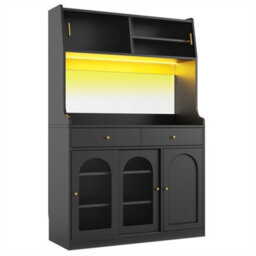 Abrihome Kitchen Cabinet (120X40X180Cm), Tall Black Display Cabinet With Adjustable Shelves, Led Lighting & 2 Drawers - thumbnail 6