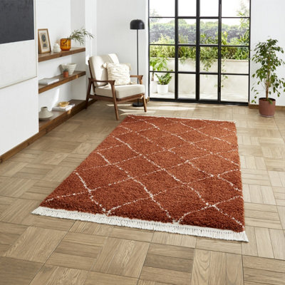 Rust Geometric Shaggy Rug, Stain-Resistant 45mm Thick Modern Rug For Bedroom, Living Room, & Dining Room-200Cm X 290Cm