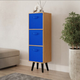 Urbn-Living Urbnliving 80Cm Height 3 Tier Beech Wooden Storage Bookcase Scandinavian Style Black Legs With Dark Blue Inserts