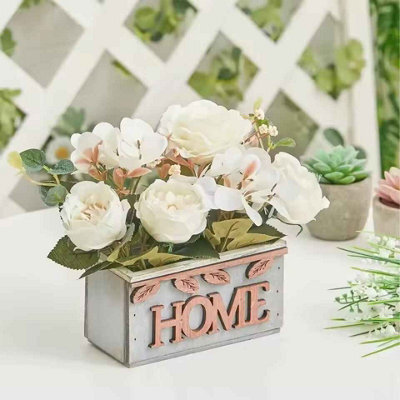 15Cm Artificial White Hydrangea & Peony Flowers In Farmhouse Wooden Pot, Silk Floral Arrangement For Tabletop & Home Décor - image 1