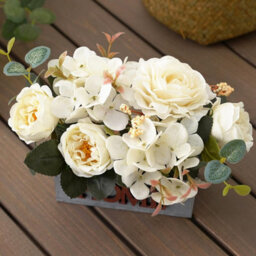 15Cm Artificial White Hydrangea & Peony Flowers In Farmhouse Wooden Pot, Silk Floral Arrangement For Tabletop & Home Décor - thumbnail 3