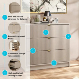 Chest Of Drawers 3 Drawer Storage Unit Tireno 3Sz Mdf Sand Beige Laminated Board Fluted Fronts Metal Handles Bedroom Furniture - thumbnail 6