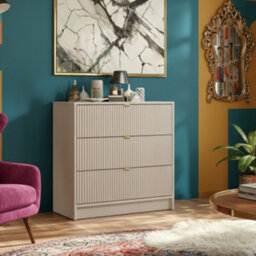 Chest Of Drawers 3 Drawer Storage Unit Tireno 3Sz Mdf Sand Beige Laminated Board Fluted Fronts Metal Handles Bedroom Furniture