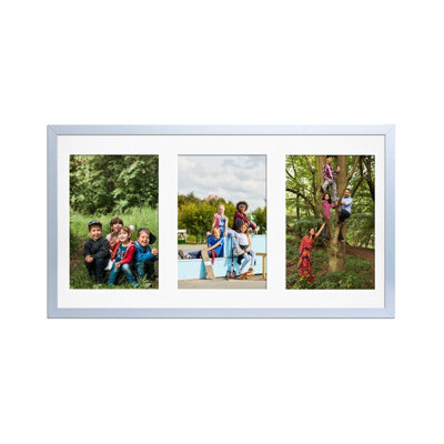 AK Frames 40X20Cm Silver Sleek Multi Photo Frame With White Mount - Holds 3 Apertures (3X) 6X4 Photos - image 1