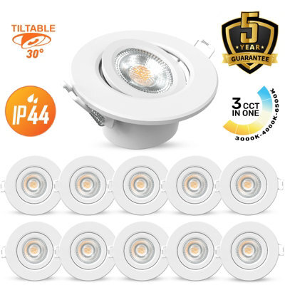 Paul Russells Led Downlight White Tilt Recessed Ceiling Spotlight  4.8W 480 Lumens, Ip44, Colour Changeable Cct3 Pack Of 10 - image 1