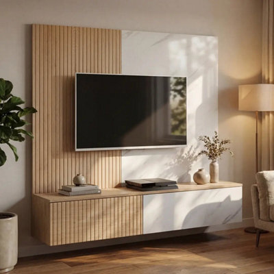 Arte Noir I Entertainment Unit Oak Cremona Marble White Led For Tvs Up To 70In - image 1