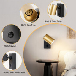 Harper Living Adjustable Wall Spotlight With On/off Switch, Gu10 Rotatable Single Lamp - Matt Black & Gold Wall Light - thumbnail 5