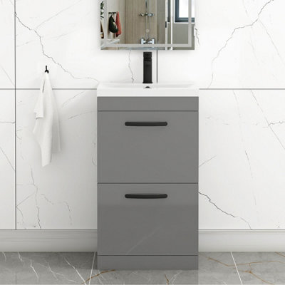 Royal Bathrooms Turin Indigo Grey Gloss 500mm Floor Standing Vanity Unit 2 Drawer With Mid-Edge Basin Sink & Matt Black Handles - image 1