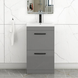 Royal Bathrooms Turin Indigo Grey Gloss 500mm Floor Standing Vanity Unit 2 Drawer With Mid-Edge Basin Sink & Matt Black Handles - thumbnail 1