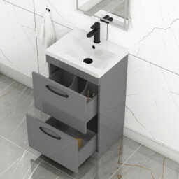 Royal Bathrooms Turin Indigo Grey Gloss 500mm Floor Standing Vanity Unit 2 Drawer With Mid-Edge Basin Sink & Matt Black Handles - thumbnail 5