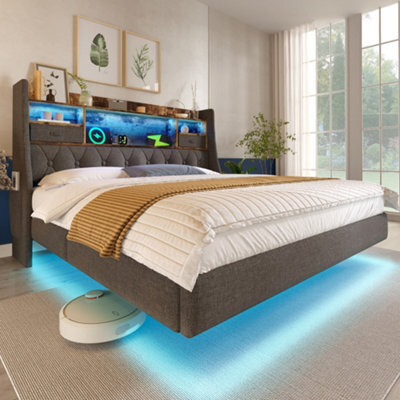 Btm 6Ft Floating Upholstered Bed With Led & Usbtoc Charging, 180X200Cm, Grey - image 1