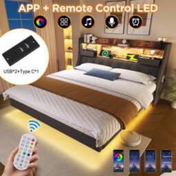 Btm 6Ft Floating Upholstered Bed With Led & Usbtoc Charging, 180X200Cm, Grey - thumbnail 3