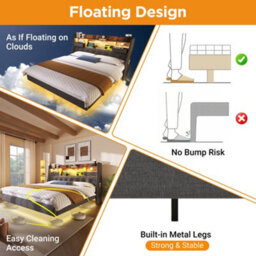 Btm 6Ft Floating Upholstered Bed With Led & Usbtoc Charging, 180X200Cm, Grey - thumbnail 5