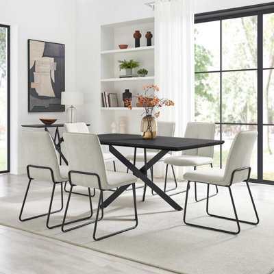Furniturebox Uk Leonardo Black Top Dining Table & 6 Halle Cream Fabric Chairs - image 1