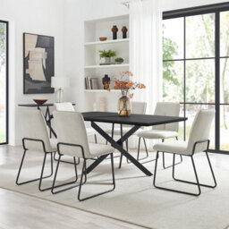 Furniturebox Uk Leonardo Black Top Dining Table & 6 Halle Cream Fabric Chairs - thumbnail 1