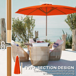 Outsunny Wooden Garden Parasol With Rope Pulley Mechanism And 8 Ribs Orange - thumbnail 6