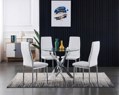 Furnizone UK Rolex 4-Seater 100Cm Round Clear Glass Dining Table And 4 Monza White Chairs Faux Leather Chairs - image 1
