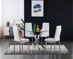 Furnizone UK Rolex 4-Seater 100Cm Round Clear Glass Dining Table And 4 Monza White Chairs Faux Leather Chairs