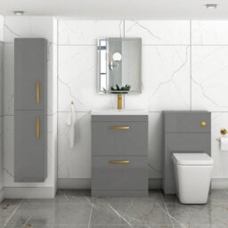 Royal Bathrooms Turin Indigo Grey Gloss 600mm Floor Standing Vanity Unit 2 Drawer With Mid-Edge Basin Sink & Brushed Brass Handles - thumbnail 3