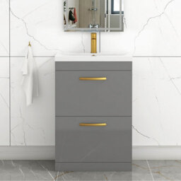 Royal Bathrooms Turin Indigo Grey Gloss 600mm Floor Standing Vanity Unit 2 Drawer With Mid-Edge Basin Sink & Brushed Brass Handles
