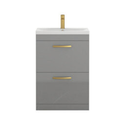 Royal Bathrooms Turin Indigo Grey Gloss 600mm Floor Standing Vanity Unit 2 Drawer With Mid-Edge Basin Sink & Brushed Brass Handles - thumbnail 5
