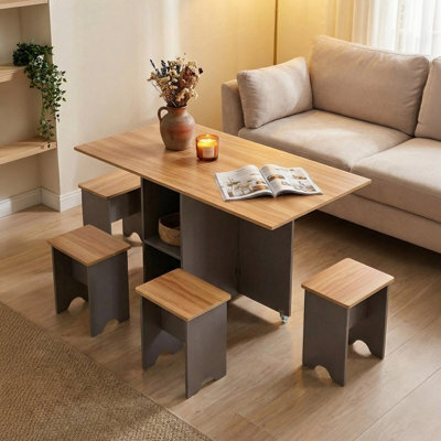 Living And Home 5-Piece Drop Leaf Expandable Dining Table Set With 4 Stools With Storage Shelves And Lockable Wheels, Natural Wood And Grey - image 1