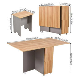 Living And Home 5-Piece Drop Leaf Expandable Dining Table Set With 4 Stools With Storage Shelves And Lockable Wheels, Natural Wood And Grey - thumbnail 8