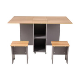Living And Home 5-Piece Drop Leaf Expandable Dining Table Set With 4 Stools With Storage Shelves And Lockable Wheels, Natural Wood And Grey - thumbnail 5