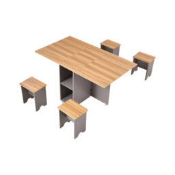 Living And Home 5-Piece Drop Leaf Expandable Dining Table Set With 4 Stools With Storage Shelves And Lockable Wheels, Natural Wood And Grey - thumbnail 4