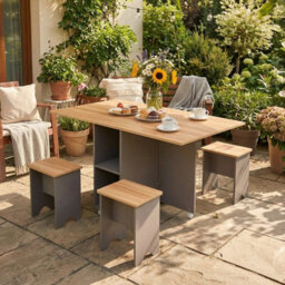 Living And Home 5-Piece Drop Leaf Expandable Dining Table Set With 4 Stools With Storage Shelves And Lockable Wheels, Natural Wood And Grey - thumbnail 3