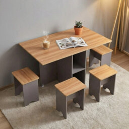 Living And Home 5-Piece Drop Leaf Expandable Dining Table Set With 4 Stools With Storage Shelves And Lockable Wheels, Natural Wood And Grey - thumbnail 2
