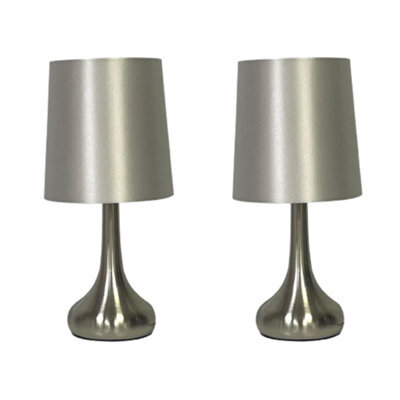 Navilux Modern Chrome Teardrop Touch Table Lamp Silver Faux Silk Shade 4-Stage Dimmable Silver Brushed Pair Lamps Energy Class F - image 1