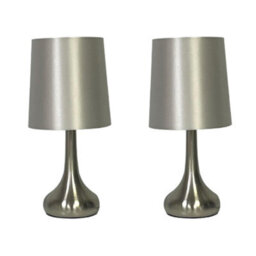 Navilux Modern Chrome Teardrop Touch Table Lamp Silver Faux Silk Shade 4-Stage Dimmable Silver Brushed Pair Lamps Energy Class F - thumbnail 1