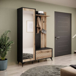 Arte Diamond Hallway Set 134Cm, Oak Evoke & Black Space-Saving Hall Tree With Mirror, Bench, Shelves & Coat Hooks