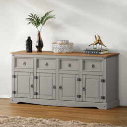 Mercers Furniture Corona Grey Wax 4 Door 4 Drawer Sideboard Large Cupboard Cabinet Solid Wood Mexican Pine Wooden
